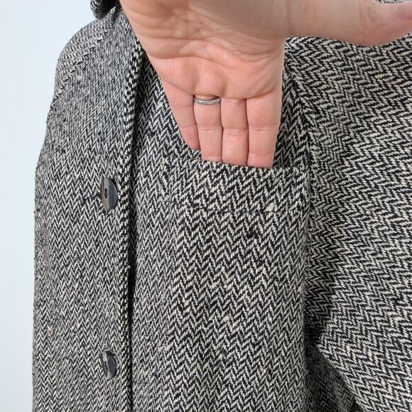 Vintage Wool Blend Coat L Black Cream 80s 90s Overcoat Trench Herringbon Classic - Picture 11 of 16